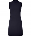 Sophisticated chic is effortlessly achieved in this mock neck shift dress from Jil Sander Navy - Mock turtleneck, sleeveless, A-line silhouette, seaming details, welt pockets at hips, back button tab belt detail, concealed back zip closure - Style with a blazer, ballet flats, and an oversized leather tote