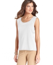 Jones New York's easy tank gets a touch of shine thanks to satin trim at the neckline. A perfect layering piece! Jones New York's easy tank gets a touch of shine thanks to satin trim at the neckline. A perfect layering piece!