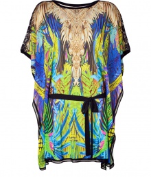 Ultra-luxe caftan in fine, pure multicolor printed viscose - Incredibly soft, lighter weight material drapes beautifully - Vibrant, blue and yellow-green print positively pops - Round neck and wide, dolman sleeves - Waist-cinching tie belt and decorative black trim - Open sides - Sexy and eye-catching, perfect for the beach, parties or your next island getaway - Pair with skinny denim or a bikini and open-toe sandals or wedges