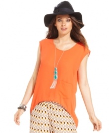 An unexpectedly placed patch pocket & asymmetrical hi-lo hem ups the edge on this Bar III top -- perfect for adding style to your summer look! An unexpectedly placed patch pocket & asymmetrical hi-lo hem ups the edge on this Bar III top -- perfect for adding style to your summer look!