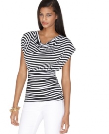 Black and white stripes shine on this draped top from Bar III. Black and white stripes shine on this draped top from Bar III.