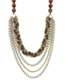 Four times the fun. BCBGeneration's ultra-chic multi-layer necklace features four rows of wooden beads and brown braided cotton mixed with silver and gold tone mixed metal. Approximate length: 17 inches. Approximate drop: 6-1/2 inches. Four times the fun. BCBGeneration's ultra-chic multi-layer necklace features four rows of wooden beads and brown braided cotton mixed with silver and gold tone mixed metal. Approximate length: 17 inches. Approximate drop: 6-1/2 inches.