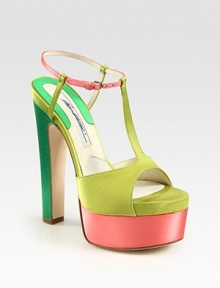 Colorblocked satin t-strap design with an adjustable ankle strap and sky-high heel. Self-covered heel, 5½ (140mm)Covered platform, 2 (50mm)Compares to a 3½ heel (90mm)Satin upperLeather lining and solePadded insoleMade in ItalyOUR FIT MODEL RECOMMENDS ordering one half size up as this style runs small. Colorblocked satin t-strap design with an adjustable ankle strap and sky-high heel. Self-covered heel, 5½ (140mm)Covered platform, 2 (50mm)Compares to a 3½ heel (90mm)Satin upperLeather lining and solePadded insoleMade in ItalyOUR FIT MODEL RECOMMENDS ordering one half size up as this style runs small.