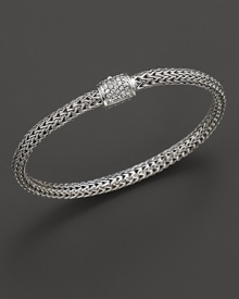 Extra small sterling woven chain bracelet with carved chain diamond pave clasp, designed by John Hardy. Extra small sterling woven chain bracelet with carved chain diamond pave clasp, designed by John Hardy.