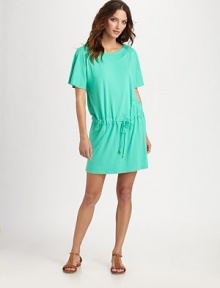 This style is everything a coverup should be: comfortable, flattering and feminine.Round neckShort sleevesPull-on styleDrawstring waist92% rayon/8% spandexDry cleanImported This style is everything a coverup should be: comfortable, flattering and feminine.Round neckShort sleevesPull-on styleDrawstring waist92% rayon/8% spandexDry cleanImported