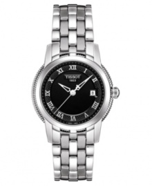 A stately watch with international appeal, by Tissot. Stainless steel bracelet and case. Etched black dial with logo, date window and silvertone roman numerals. Swiss made. Quartz movement. Water resistant to 30 meters. Two-year warranty.