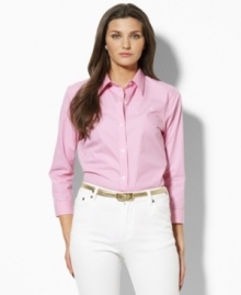 A sleek striped pattern lends graphic elegance to the Priya shirt, tailored with chic three-quarter sleeves in crisp cotton broadcloth for classic style. A sleek striped pattern lends graphic elegance to the Priya shirt, tailored with chic three-quarter sleeves in crisp cotton broadcloth for classic style.