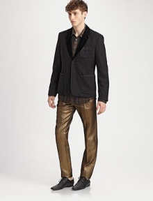 An impeccably tailored trouser with star quality, this straight-fitting style adds a modern, masculine element to a metallic silhouette.Flat-front styleSide slash, back welt pocketsInseam, about 3440% polyester/30% acrylic/30% cottonDry cleanMade in USA An impeccably tailored trouser with star quality, this straight-fitting style adds a modern, masculine element to a metallic silhouette.Flat-front styleSide slash, back welt pocketsInseam, about 3440% polyester/30% acrylic/30% cottonDry cleanMade in USA