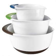 Attractive nesting bowls in three different sizes for everything from whisking eggs to serving popcorn make cooking fun and storage easy. Attractive nesting bowls in three different sizes for everything from whisking eggs to serving popcorn make cooking fun and storage easy.