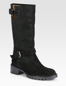 Double adjustable straps top this military-inspired silhouette made of logo-embossed suede. Stacked heel, 1½ (40mm)Shaft, 10Leg circumference, 13Suede upperPull-on styleLeather liningRubber trek solePadded insoleMade in ItalyOUR FIT MODEL RECOMMENDS ordering one half size up as this style runs small. Double adjustable straps top this military-inspired silhouette made of logo-embossed suede. Stacked heel, 1½ (40mm)Shaft, 10Leg circumference, 13Suede upperPull-on styleLeather liningRubber trek solePadded insoleMade in ItalyOUR FIT MODEL RECOMMENDS ordering one half size up as this style runs small.