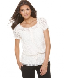 A peasant top gets a romantic makeover from NY Collection! The sheer lace fabric elevates an essential piece. A peasant top gets a romantic makeover from NY Collection! The sheer lace fabric elevates an essential piece.