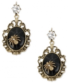 Become a spider(wo)man. Betsey Johnson's vintage-inspired earrings flaunts gold tone spider accents on black oval beads. Crystal accent at post. Crafted in antiqued gold tone mixed metal. Approximate drop: 2-1/4 inches. Become a spider(wo)man. Betsey Johnson's vintage-inspired earrings flaunts gold tone spider accents on black oval beads. Crystal accent at post. Crafted in antiqued gold tone mixed metal. Approximate drop: 2-1/4 inches.