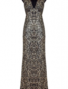 With statement-making sequins and a dramatic floor-sweeping length, this black tie gown from Jenny Packham is an investment in high style - V-neck, cap sleeves, fitted bodice, full maxi-length skirt with slight high-low hem, all-over sequin embellishment, concealed back zip closure - Pair with sky-high platform heels and a simple clutch With statement-making sequins and a dramatic floor-sweeping length, this black tie gown from Jenny Packham is an investment in high style - V-neck, cap sleeves, fitted bodice, full maxi-length skirt with slight high-low hem, all-over sequin embellishment, concealed back zip closure - Pair with sky-high platform heels and a simple clutch
