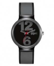 Casually cool. Give off a laid-back vibe with this monochromatic Goa watch by Lacoste. Gray and black silicone strap and round gray plastic case. Black dial features oversized gray numerals at twelve and six o'clock, iconic crocodile logo at three o'clock, cut-out hour and minute hands and red second hand. Quartz movement. Water resistant to 30 meters. Two-year limited warranty.