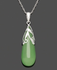 The look of serenity, this peaceful style is both calming and cool. Crafted from a sold, teardrop-shaped jade (10 mm x 25 mm), a swirling sterling silver overlay and chain adds the perfect final touch. Approximate length: 18 inches. Approximate drop: 1-1/2 inches. The look of serenity, this peaceful style is both calming and cool. Crafted from a sold, teardrop-shaped jade (10 mm x 25 mm), a swirling sterling silver overlay and chain adds the perfect final touch. Approximate length: 18 inches. Approximate drop: 1-1/2 inches.