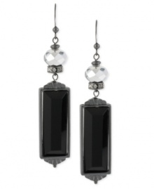 Dark and dazzling at once. Haskell's drop earrings are crafted from hematite-tone mixed metal with silver-tone faceted beads and a black rectangular acrylic piece for a bold touch. Glass crystal accents add luster. Approximate drop: 3-1/4 inches. Dark and dazzling at once. Haskell's drop earrings are crafted from hematite-tone mixed metal with silver-tone faceted beads and a black rectangular acrylic piece for a bold touch. Glass crystal accents add luster. Approximate drop: 3-1/4 inches.