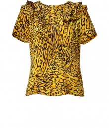Work a wild edge into your wardrobe with Juicy Coutures tiger print silk top - Rounded neckline, short sleeves, ruffled shoulders, button-down back - Classic straight cut - Wear with chunky chain jewelry and jet black skinnies Work a wild edge into your wardrobe with Juicy Coutures tiger print silk top - Rounded neckline, short sleeves, ruffled shoulders, button-down back - Classic straight cut - Wear with chunky chain jewelry and jet black skinnies