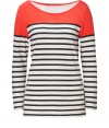 Spring-favorite stripes get a cool colorblock in Steffen Schrauts tri-tone top - Wide neckline, long sleeves - Fitted - Wear with favorite skinnies and bright leather flats