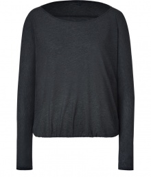 Lend a feminine finish to your look with James Perses ultra soft jersey blouson top - Boat-neckline, long sleeves, gathered hemline - Loose fit - Wear with high-waisted separates and bright accessories Lend a feminine finish to your look with James Perses ultra soft jersey blouson top - Boat-neckline, long sleeves, gathered hemline - Loose fit - Wear with high-waisted separates and bright accessories