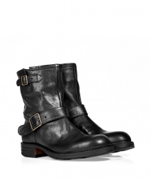 Add instant trend-right edge to your casual ensembles with these luxe leather boots from celeb favorite shoe line Fiorentini & Baker - Slightly upturned rounded toe, chunky leather heel, dual ankle straps, biker-inspired styling, side zip closure - Runs large, so order a size down - Style with jeans, slim trousers, or corduroys