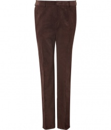 Channel the sophisticated side of the 1970s in these luxe corduroy trousers from Etro - Flat front, belt loops, off-seam pockets, back welt pockets with buttons, creasing at legs - Style with a matching blazer, a printed button down, and suede ankle boots