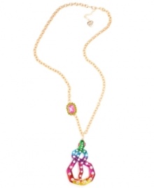 Colorful and ssstriking. Betsey Johnson's gold tone mixed metal necklace features the brightest, sparkliest snake you ever did see. The pendant is accented with crystals, while a pink gem with green crystal accents adorns the gold-tone chain. Approximate length: 32 inches + 3-inch extender. Approximate drop: 4-1/2 inches. Colorful and ssstriking. Betsey Johnson's gold tone mixed metal necklace features the brightest, sparkliest snake you ever did see. The pendant is accented with crystals, while a pink gem with green crystal accents adorns the gold-tone chain. Approximate length: 32 inches + 3-inch extender. Approximate drop: 4-1/2 inches.