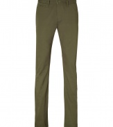 Stylish pants, in fine, army green cotton - Soft yet ultra-durable material feels great against the skin - Slim, straight chino cut tapers slightly through legs - Medium low rise, with belt loops and button closure - Slash pockets at sides, welt pockets at rear - A casually cool alternative to jeans, great for everyday leisure - Pair with pullovers, t-shirts and button downs