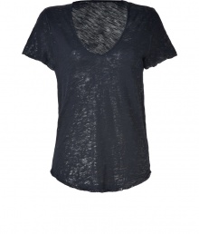 Laid-back looks get a rocker-chic edge in Zadig & Voltaires glistening black slubbed cotton tee - Soft V-neckline, short sleeves, slightly rounded hemline - Team with leather leggings and chunky ankle boots, or dress up with oversized blazers and form-fitting mini-skirts Laid-back looks get a rocker-chic edge in Zadig & Voltaires glistening black slubbed cotton tee - Soft V-neckline, short sleeves, slightly rounded hemline - Team with leather leggings and chunky ankle boots, or dress up with oversized blazers and form-fitting mini-skirts