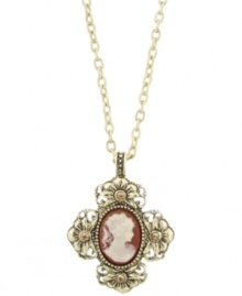 Perfectly paired. An elegant cameo and cross combination stands out on this distinctive vintage-style pendant necklace from 2028. Crafted in brass tone mixed metal. Approximate length: 16 inches + 3-inch extender. Approximate drop: 1-1/2 inches. Perfectly paired. An elegant cameo and cross combination stands out on this distinctive vintage-style pendant necklace from 2028. Crafted in brass tone mixed metal. Approximate length: 16 inches + 3-inch extender. Approximate drop: 1-1/2 inches.
