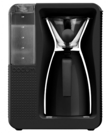 The coffee your house makes is brilliant when Bodum is calling the shots. Reinventing the drip process, this coffee maker features a titanium-lated stainless steel fine mesh filter-no paper filters needed-that keeps coffee pure in taste and never bitter. Coffee drips into a plastic double-walled thermos with stainless steel interior and stays warm until you're ready to sip & savor. 2-year warranty. Model 11001-01US. The coffee your house makes is brilliant when Bodum is calling the shots. Reinventing the drip process, this coffee maker features a titanium-lated stainless steel fine mesh filter-no paper filters needed-that keeps coffee pure in taste and never bitter. Coffee drips into a plastic double-walled thermos with stainless steel interior and stays warm until you're ready to sip & savor. 2-year warranty. Model 11001-01US.