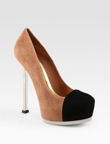 Soft suede in a modern two-tone design with a metallic leather heel and sole. Metallic leather heel, 5½ (140mm)Covered platform, 1½ (40mm)Compares to a 4 heel (100mm)Suede upperLeather lining and solePadded insoleMade in ItalyOUR FIT MODEL RECOMMENDS ordering one size up as this style runs small. Soft suede in a modern two-tone design with a metallic leather heel and sole. Metallic leather heel, 5½ (140mm)Covered platform, 1½ (40mm)Compares to a 4 heel (100mm)Suede upperLeather lining and solePadded insoleMade in ItalyOUR FIT MODEL RECOMMENDS ordering one size up as this style runs small.