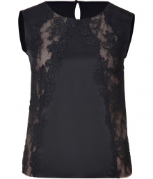 Luxurious top in fine black silk with transparent lace for a sexy look - Fully lined in nude for a peek-a-boo appearance - Round neckline, short sleeves and a narrow, tailored cut - Try with cropped pants, pencil skirts and slim pants - Pair for a night out with skinny jeans, heels, moto-style leather jacket and long strands of pearls Luxurious top in fine black silk with transparent lace for a sexy look - Fully lined in nude for a peek-a-boo appearance - Round neckline, short sleeves and a narrow, tailored cut - Try with cropped pants, pencil skirts and slim pants - Pair for a night out with skinny jeans, heels, moto-style leather jacket and long strands of pearls