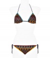 Inject urban attitude into your poolside look with Missonis dark-multi leaf patterned string bikini, detailed with bright colorblocked trim for an edgy modern finish - Self-tie charcoal string halter strap, hooked back - Self-tie side strings on bottom - Comes with a matching drawstring pouch - Wear with jet black sandals and oversized beach totes