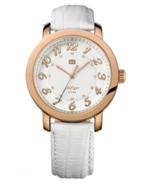 A refreshing take on the modern watch, with rose-gold and white leather, by Tommy Hilfiger. A refreshing take on the modern watch, with rose-gold and white leather, by Tommy Hilfiger.