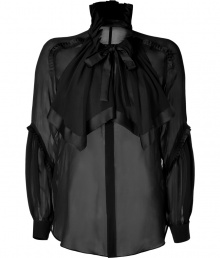 Gothic style goes luxe in this sheer ruffle-laden silk top from Roberto Cavalli - Round neck with back stand collar, concealed front button placket, cascading ruffled overlay at neckline, billowy long sleeves with ruffled seam detail, ruffle trim at back yoke, relaxed silhouette - Wear with leather leggings, platform pumps, and an embellished clutch Gothic style goes luxe in this sheer ruffle-laden silk top from Roberto Cavalli - Round neck with back stand collar, concealed front button placket, cascading ruffled overlay at neckline, billowy long sleeves with ruffled seam detail, ruffle trim at back yoke, relaxed silhouette - Wear with leather leggings, platform pumps, and an embellished clutch