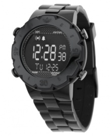 Built to last with style that stays. This Wooster watch by adidas features a black polyurethane strap and round polycarbonate case with logo and seconds etched at bezel. Black negative display digital dial with timer, alarm, 10-lap memory and date. Quartz movement. Water resistant to 50 meters. Two-year limited warranty. Built to last with style that stays. This Wooster watch by adidas features a black polyurethane strap and round polycarbonate case with logo and seconds etched at bezel. Black negative display digital dial with timer, alarm, 10-lap memory and date. Quartz movement. Water resistant to 50 meters. Two-year limited warranty.