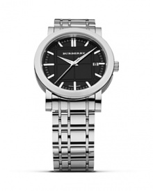 Burberry large check bracelet watch with black dial. Stainless steel check inspired bracelet watch with black contoured dial. Date function. Water resistant to 5 atm. Burberry large check bracelet watch with black dial. Stainless steel check inspired bracelet watch with black contoured dial. Date function. Water resistant to 5 atm.