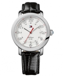 A handsome watch with added Tommy Hilfiger accents of red, white and blue. A handsome watch with added Tommy Hilfiger accents of red, white and blue.