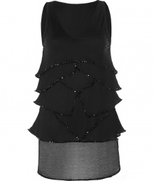 Glamorous top in black rayon - long falling cut, no sleeves - black pearl embellished tiers - elegant and festive appeal - accentuated the neck and toned arms, conceals broad hips - wear at special events like a cocktail party, opening night, dinner - works best with slim skirts, pants for a balanced silhouette Glamorous top in black rayon - long falling cut, no sleeves - black pearl embellished tiers - elegant and festive appeal - accentuated the neck and toned arms, conceals broad hips - wear at special events like a cocktail party, opening night, dinner - works best with slim skirts, pants for a balanced silhouette