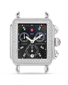 Inspired by Art Deco architecture, the Deco timepiece from Michele embodies clean, sophisticated style. 120 sparkling diamonds detail the stainless steel case. The signature Michele crown accents this stunning watch head. Fits with any 18 mm Michele watch strap. Inspired by Art Deco architecture, the Deco timepiece from Michele embodies clean, sophisticated style. 120 sparkling diamonds detail the stainless steel case. The signature Michele crown accents this stunning watch head. Fits with any 18 mm Michele watch strap.