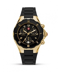 Make a bold, glamorous statement with Michele's jelly bean watch. Styled in polished gold and black with three-eye functionality. Make a bold, glamorous statement with Michele's jelly bean watch. Styled in polished gold and black with three-eye functionality.