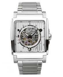 Lean toward the future with this modern watch by Bulova. Stainless steel bracelet and square case with see-through case back. Silvertone dial with wide aperture showing the movement and silvertone dot markers. Self-winding mechanical movement. Water resistant to 30 meters. Three-year limited warranty.