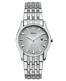 A stunning sunburst and symbol of sophistication, by Bulova. Watch crafted from stainless steel bracelet and round case. Silvertone sunray dial features stick indices, date window at three o'clock and logo. Quartz movement. Water resistant to 30 meters. Three-year limited warranty. A stunning sunburst and symbol of sophistication, by Bulova. Watch crafted from stainless steel bracelet and round case. Silvertone sunray dial features stick indices, date window at three o'clock and logo. Quartz movement. Water resistant to 30 meters. Three-year limited warranty.