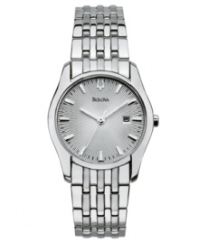 A stunning sunburst and symbol of sophistication, by Bulova. Watch crafted from stainless steel bracelet and round case. Silvertone sunray dial features stick indices, date window at three o'clock and logo. Quartz movement. Water resistant to 30 meters. Three-year limited warranty.