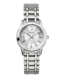 Mark each hour with graceful elegance. Watch by Bulova crafted of stainless steel bracelet and round case. Silver tone dial features applied stick indices, minute track, date window at three o'clock, three hands and logo. Quartz movement. Water resistant to 30 meters. Three-year limited warranty. Mark each hour with graceful elegance. Watch by Bulova crafted of stainless steel bracelet and round case. Silver tone dial features applied stick indices, minute track, date window at three o'clock, three hands and logo. Quartz movement. Water resistant to 30 meters. Three-year limited warranty.