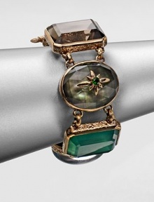 An one of a kind design inspired by the designer's love of nature's bounty that features a wealth of beautiful semi-precious stones set in intricately designed bronze. Blue agate quartz, opal mosaic, green agate quartz, grey mother-of-pearl in rock crystal and smoky quartzBronzeLength, about 7.5Toggle closureMade in USA An one of a kind design inspired by the designer's love of nature's bounty that features a wealth of beautiful semi-precious stones set in intricately designed bronze. Blue agate quartz, opal mosaic, green agate quartz, grey mother-of-pearl in rock crystal and smoky quartzBronzeLength, about 7.5Toggle closureMade in USA