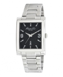 For a polished and professional look, add this dress watch by Kenneth Cole New York to your everyday routine. Stainless steel bracelet and rectangular case. Black dial features applied silver tone stick indices, numerals at three and nine o'clock, date window at six o'clock, three hands and logo. Quartz movement. Water resistant to 30 meters. Limited lifetime warranty. For a polished and professional look, add this dress watch by Kenneth Cole New York to your everyday routine. Stainless steel bracelet and rectangular case. Black dial features applied silver tone stick indices, numerals at three and nine o'clock, date window at six o'clock, three hands and logo. Quartz movement. Water resistant to 30 meters. Limited lifetime warranty.