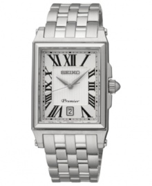 With a stylish rectangular case, this Premier collection watch from Seiko updates your office attire. With a stylish rectangular case, this Premier collection watch from Seiko updates your office attire.