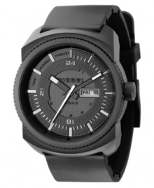 Get a modern sporty look with this dark watch by Diesel. Black polyurethane strap and round stainless steel case. Black dial with white stick indices, date window and logo. Analog movement. Water resistant to 50 meters. Two-year limited warranty.