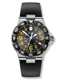 Victorinox Swiss Army establishes modern tradition with this sporty watch. Black synthetic strap and round stainless steel case. Unidirectional rotating bezel with second markers. Black dial with yellow numerals, low battery indicator, luminous hands, logo and date window. Swiss made. Swiss movement. Water resistant to 100 meters. Three-year limited warranty. Victorinox Swiss Army establishes modern tradition with this sporty watch. Black synthetic strap and round stainless steel case. Unidirectional rotating bezel with second markers. Black dial with yellow numerals, low battery indicator, luminous hands, logo and date window. Swiss made. Swiss movement. Water resistant to 100 meters. Three-year limited warranty.